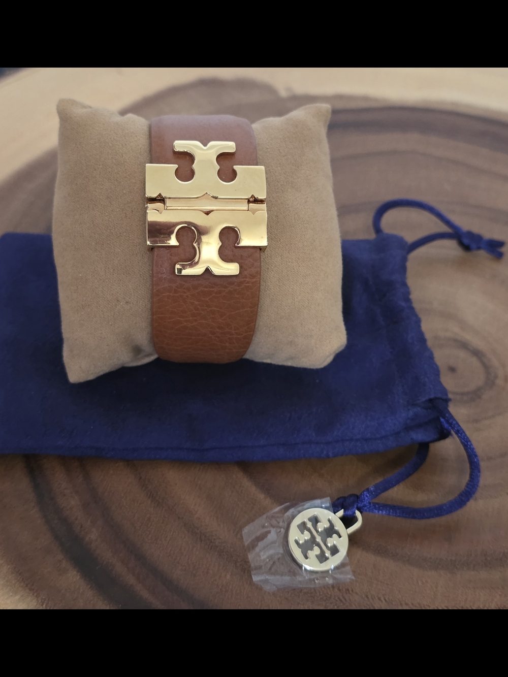 Tory Burch Miller Leather Cuff Bracelet in Chestnut with Gold Logo